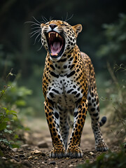 Obraz premium Leopard's Fierce Roar: A striking leopard stands in mid-action, with its mouth wide open in a roaring display, showcasing its powerful presence and captivating the essence of the wild.