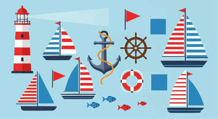 Obraz premium A collection of nautical elements including a lighthouse, sailboats, anchor, ship's wheel, lifebuoy, flags, and fish on a blue background.