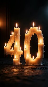 Spectacular Number Forty Display Formed by Dripping Wax Candles Glowing on a Dark Textured Surface