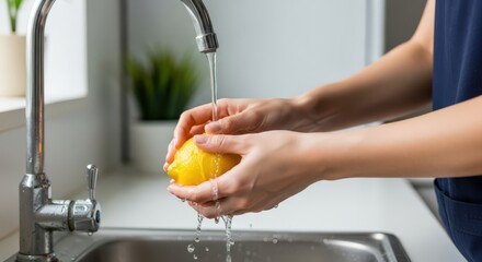 man washing hands with soap under a kitchen sink faucet for fresh, clean, and healthy food preparation