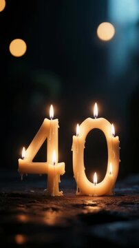 Minimalist Close-up of Glowing Number Forty Wax Candle Burning on a Dark Textured Table