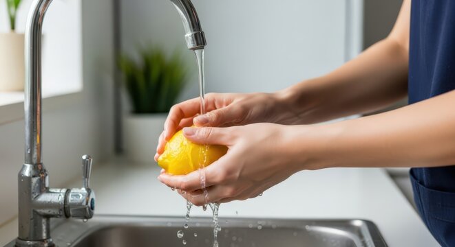 man washing hands with soap under a kitchen sink faucet for fresh, clean, and healthy food preparation