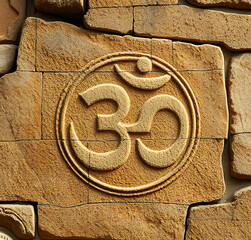 the Om symbol carved into a sandstone wall, with warm beige tones and visible stone texture, decorative illustration