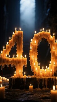 Glowing Number Forty Made from Burning Candles with Dripping Wax in a Dark and Mysterious Setting
