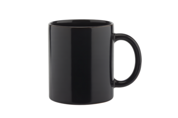 Isolated black coffee mug mockup blank ceramic cup for branding art on transparent background 
