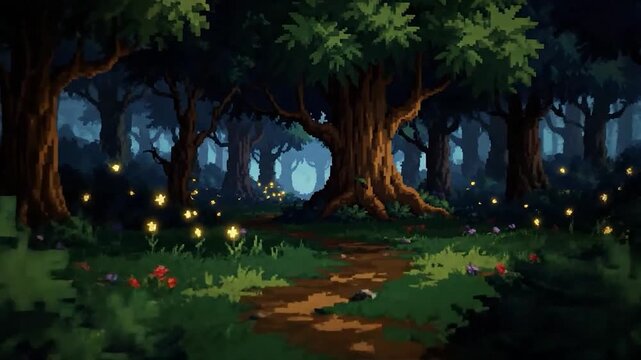 A pixelated path winds through a darkened forest with tall trees and scattered wildflowers