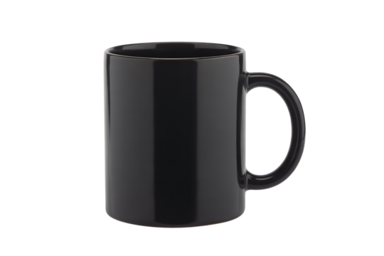 Isolated black coffee mug mockup blank ceramic cup for branding art on transparent background 
