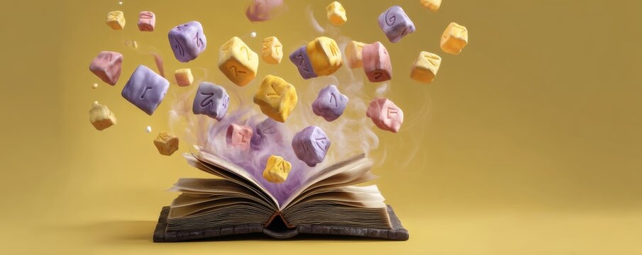 An open book releasing colorful, floating runes against a warm yellow background, creating a magical and whimsical atmosphere