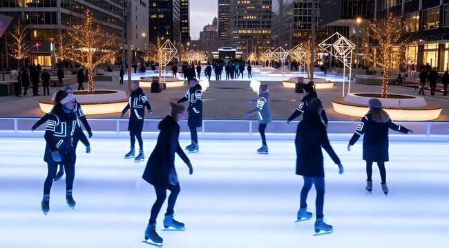 People ice skating at night in Chicago