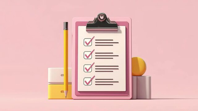 Checklist pencil clipboard task online tax submission concept pink background yellow geometric shapes organized documents completed tasks