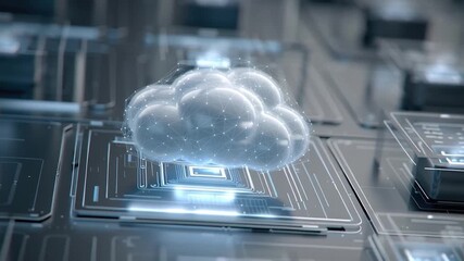 Cloud computing concept featuring digital cloud hologram on microchip symbolizing online tax submission data processing network connection technology - Powered by Adobe