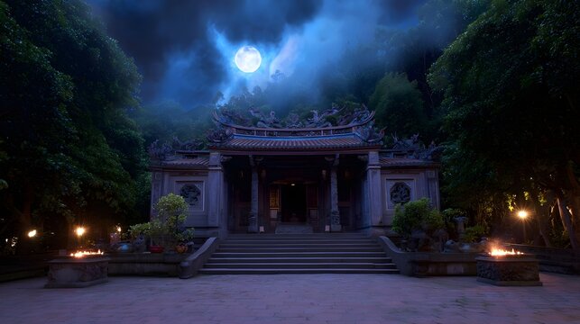 A serene moonlit night scene of an ancient traditional temple or shrine nestled in a misty forest illuminated by lanterns and a bright full moon - Powered by Adobe