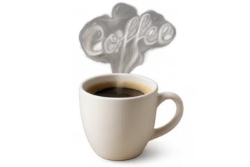 Hot coffee mug having steam creating typography word coffee, a warming beverage concept on transparent background