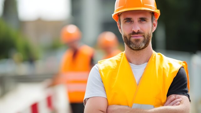 Confident Caucasian construction worker wearing an orange safety vest and hard hat stands with arms crossed, showcasing professionalism and teamwork in a construction site environment - Powered by Adobe