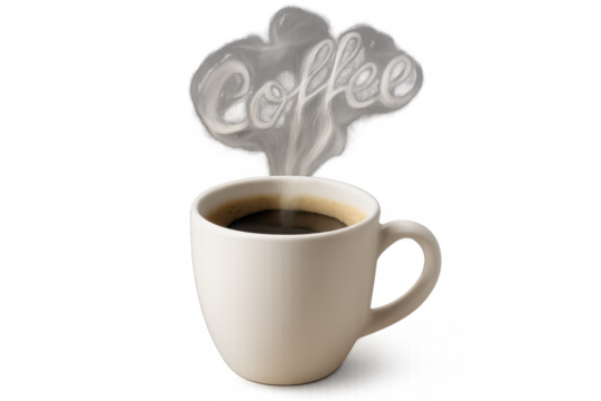 Hot coffee mug having steam creating typography word coffee, a warming beverage concept on transparent background