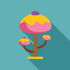 Naklejka premium Pink and yellow candy mushrooms growing on a fantasy tree with long shadow on turquoise background, representing sweetness, imagination, and childhood joy