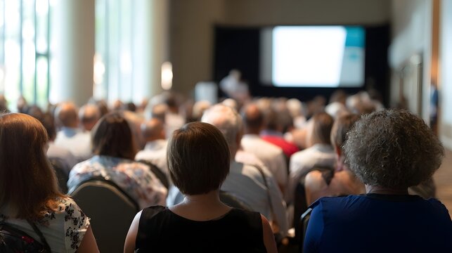 Audience members attentively listening to a speaker at a conference, with a large screen displaying content in the background, creating an engaging learning environment
