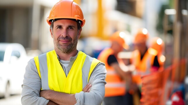 Construction worker wearing safety gear stands confidently with arms crossed, showcasing professionalism and dedication on a busy worksite with colleagues in the background