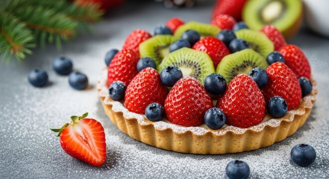Delicious fruit tart with fresh strawberries, kiwi, and blueberries on table