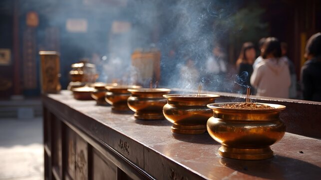 Golden incense burners with smoke rising in a sunlit temple courtyard - Powered by Adobe