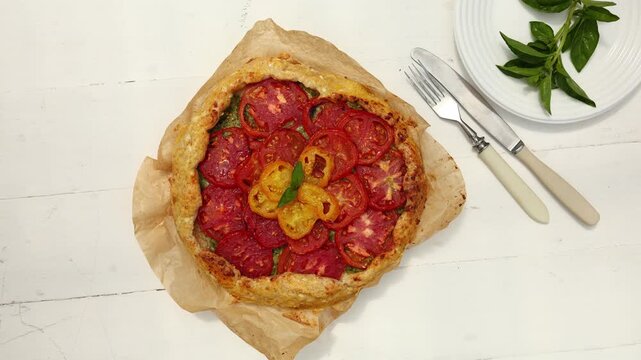 A delicious tomato galette is displayed on parchment paper, showcasing layers of vibrant red and yellow tomatoes atop a flaky crust in a warm kitchen atmosphere.