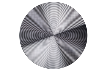 Steel disc, concentric tracks.Unique circular design with intricate spiral patterns in silver tones isolated on white background.