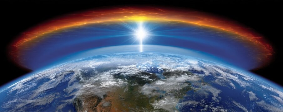 Vibrant infographic-style illustration of Earth with a radiant ozone layer effect and sunset glow