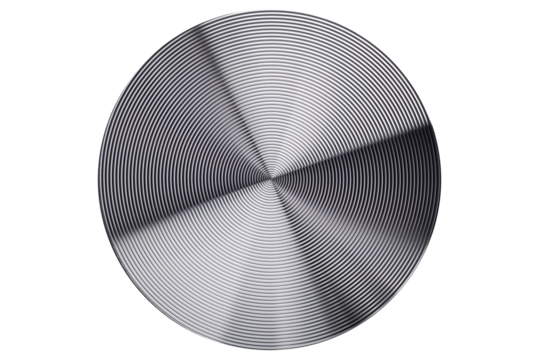 Steel disc, concentric tracks.Unique circular design with intricate spiral patterns in silver tones isolated on white background.