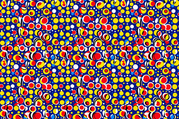 Naklejka premium Seamless retro geometric pattern vibrant dots, circles, primary colors. Comic book style, pop art aesthetic for textiles, clothing, packaging
