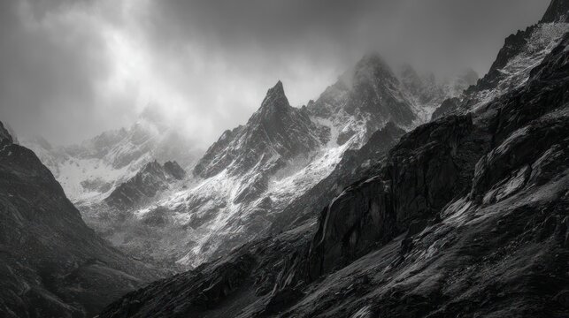 Dramatic monochrome landscape of snow-dusted mountain peaks under a cloudy sky