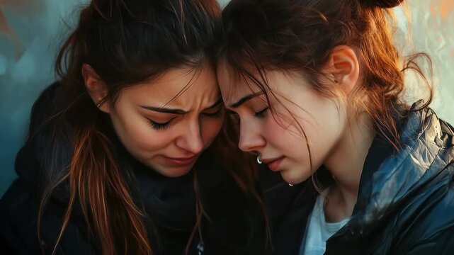 Two women expressing deep sorrow, tears streaming, receiving comfort from a close companion, sharing a moment of profound grief, empathy, compassion, understanding.