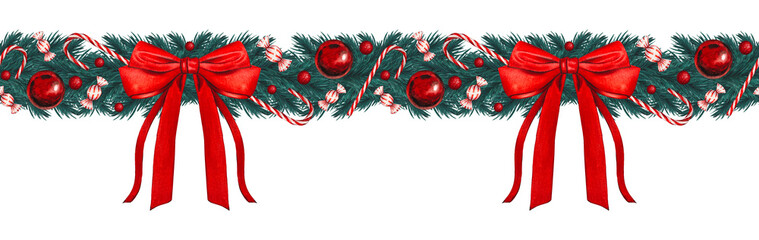 Hand drawn seamless border with fir branches,  big red bow, candy cane, red Christmas tree balls. Watercolor illustration.