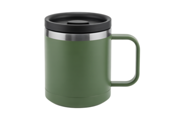Green travel mug with stainless steel rim and transparent background 

