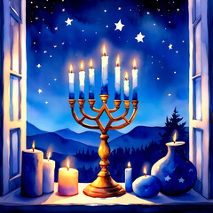 Menorah with lit candles on a windowsill at night with starry sky and snowy mountains isolated on white background isolated on transparent background