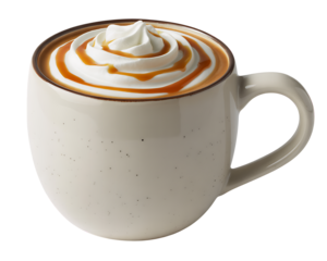 A speckled mug filled with a pumpkin spice latte topped with whipped cream on a transparent background 
