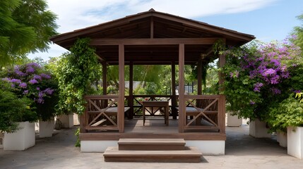 A beautiful wooden gazebo adorned with vibrant purple flowers and comfortable seating offers a serene garden retreat