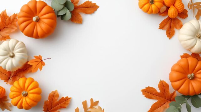 Colorful pumpkins in shades of orange and white surround a crisp white background, while bright fall leaves add warmth, setting a perfect autumn atmosphere for any occasion
