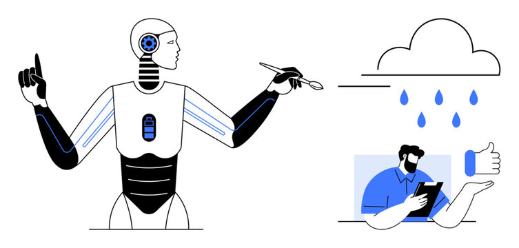 Robot operating futuristic tools, stylized human using tablet, thumbs up gesture, raindrops, cloud. Ideal for artificial intelligence, automation, innovation, data analytics technology futuristic