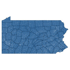 Vector outline map of Pennsylvania state divided into counties and townships