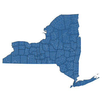 Vector outline map of New York state divided into counties and townships