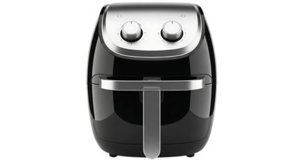 A sleek black air fryer, isolated on transparent background, promises crispy and healthy meals with its modern design and efficient cooking technology png