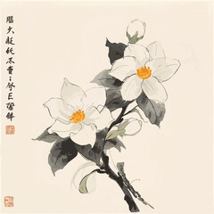 White camelia flowers on white glowing background. Traditional oriental ink painting sumi-e, u-sin, go-hua. Translation of hieroglyph - clarity.