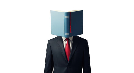 Businessman with book covering face isolated on transparent background symbolizing anonymity or knowledge