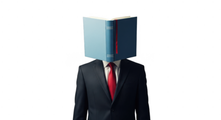 Businessman with book covering face isolated on transparent background symbolizing anonymity or knowledge