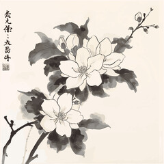 White camelia flowers on white glowing background. Traditional oriental ink painting sumi-e, u-sin, go-hua. Translation of hieroglyph - clarity.