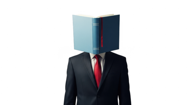 Businessman with book covering face isolated on transparent background symbolizing anonymity or knowledge - Powered by Adobe
