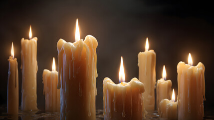 all saints day burning wax candles on dark background with copy space 3d rendering