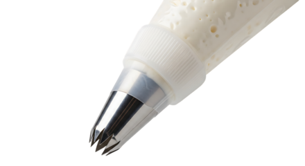 Closeup of a pastry bag with a star tip isolated on transparent background, filled with white cream, ready for decorating cakes and desserts png