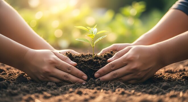 Two hands planting a young green sprout in rich soil