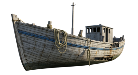 Old wooden fishing boat with ropes isolated on transparent background, showcasing its weathered texture and nautical charm, evoking a sense of maritime history png